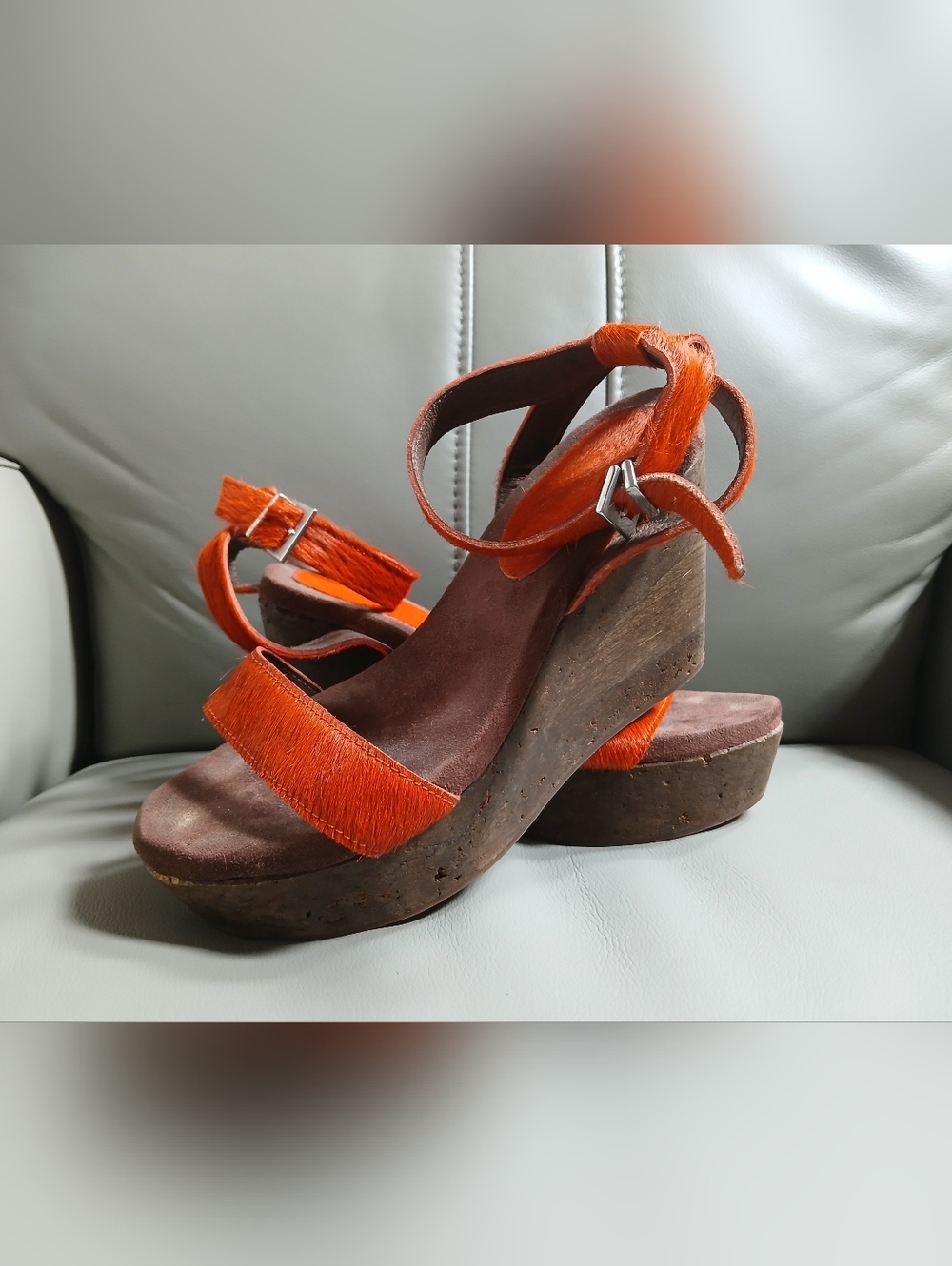 Spanish Designer Calf Hair Ankle Strap Wedge Sandals